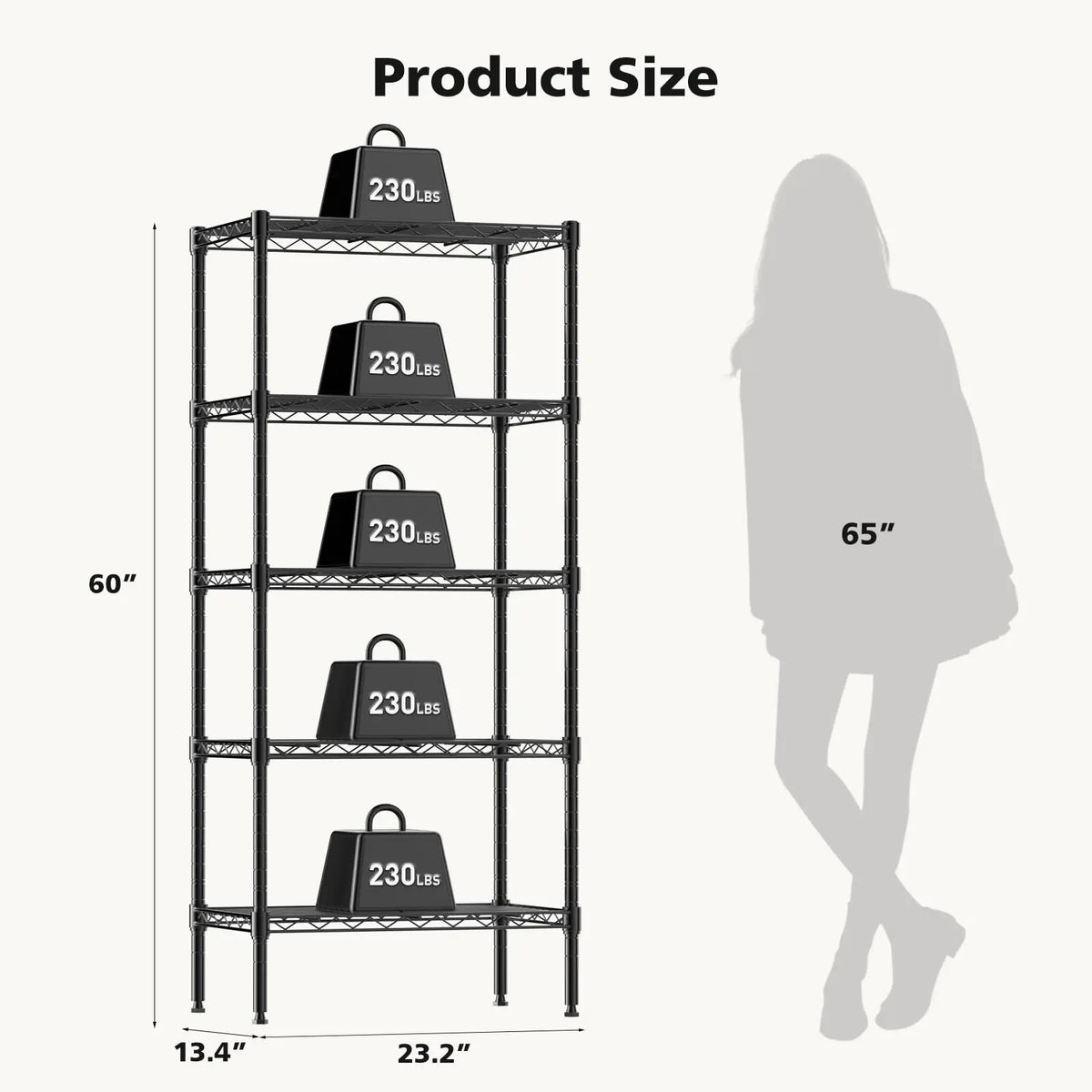 Black heavy duty metal wire storage shelving rack with five tiers and dimensions shown.