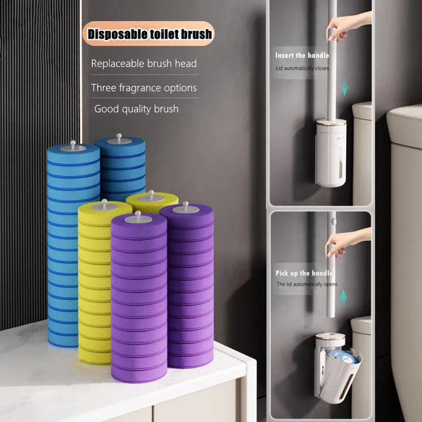 A collection of colorful disposable toilet brush heads in various shades of blue, yellow, and purple are displayed next to a 