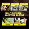 A set of multi-purpose cleaning cloths shown in various uses including kitchen, bathroom, windows, and table cleaning.