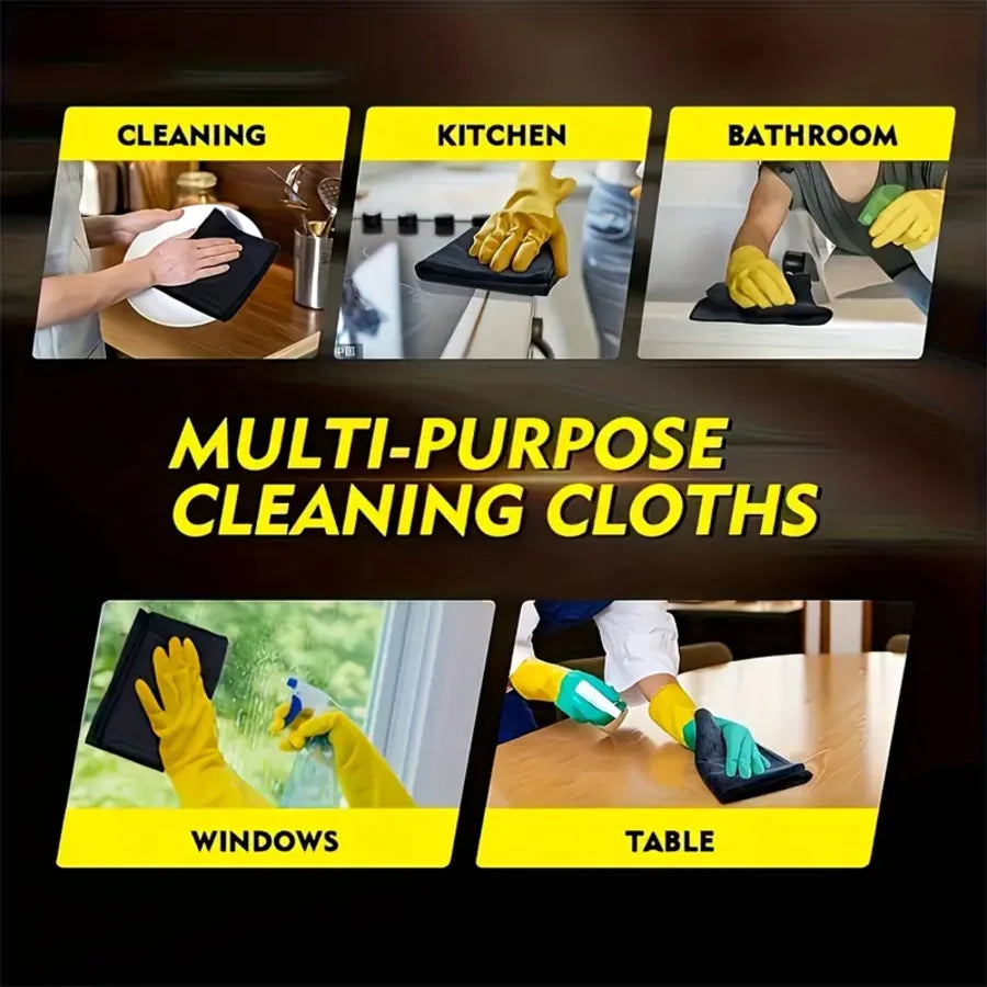 A set of multi-purpose cleaning cloths shown in various uses including kitchen, bathroom, windows, and table cleaning.