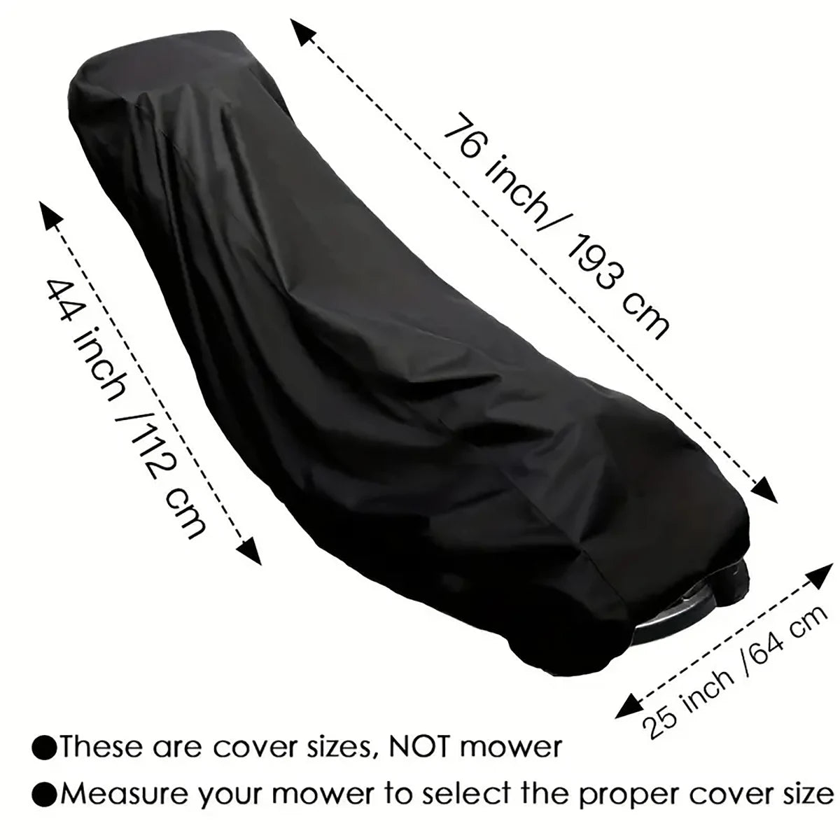 Black heavy-duty protective cover for a lawn mower, shown with dimensions.