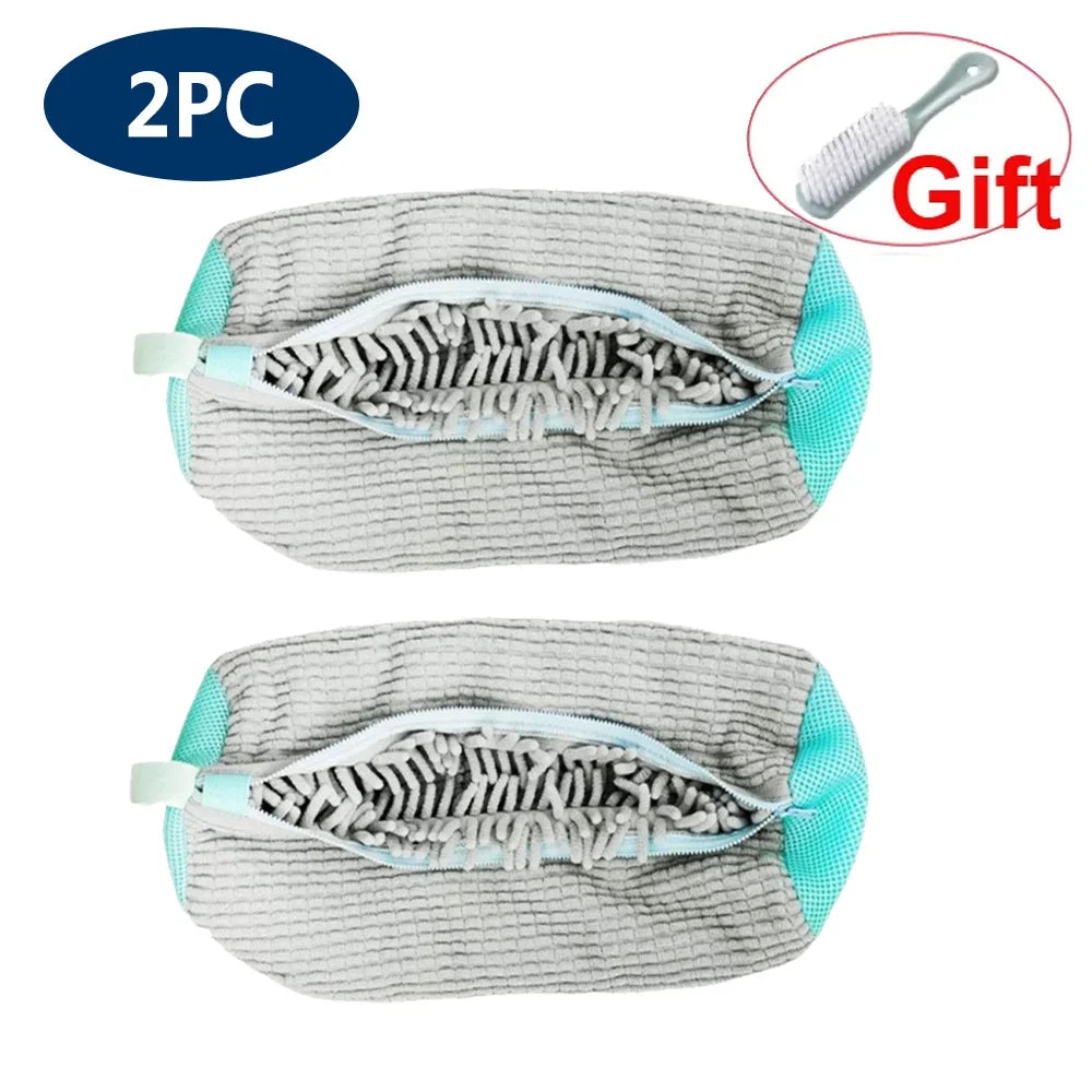 Two reusable grey shoe cleaning bags with mesh interiors are shown.