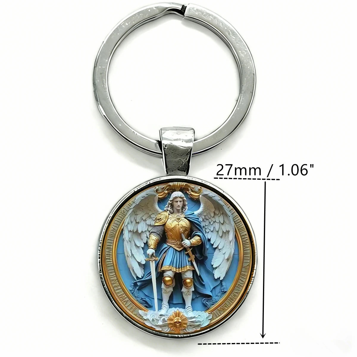 Silver keychain featuring a round pendant depicting the Saint Michael Archangel.