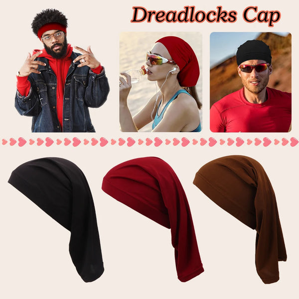 A set of black, maroon, and brown spandex dreadlock tube caps for hair protection.