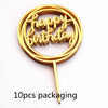 A gold acrylic birthday cake topper with the words Happy Birthday on a stick, packaged in 10 pieces.