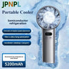 A portable semiconductor refrigeration cooler with a fan and various speed adjustments is shown against an icy background.