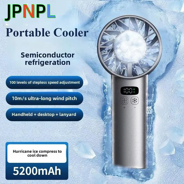 A portable semiconductor refrigeration cooler with a fan and various speed adjustments is shown against an icy background.