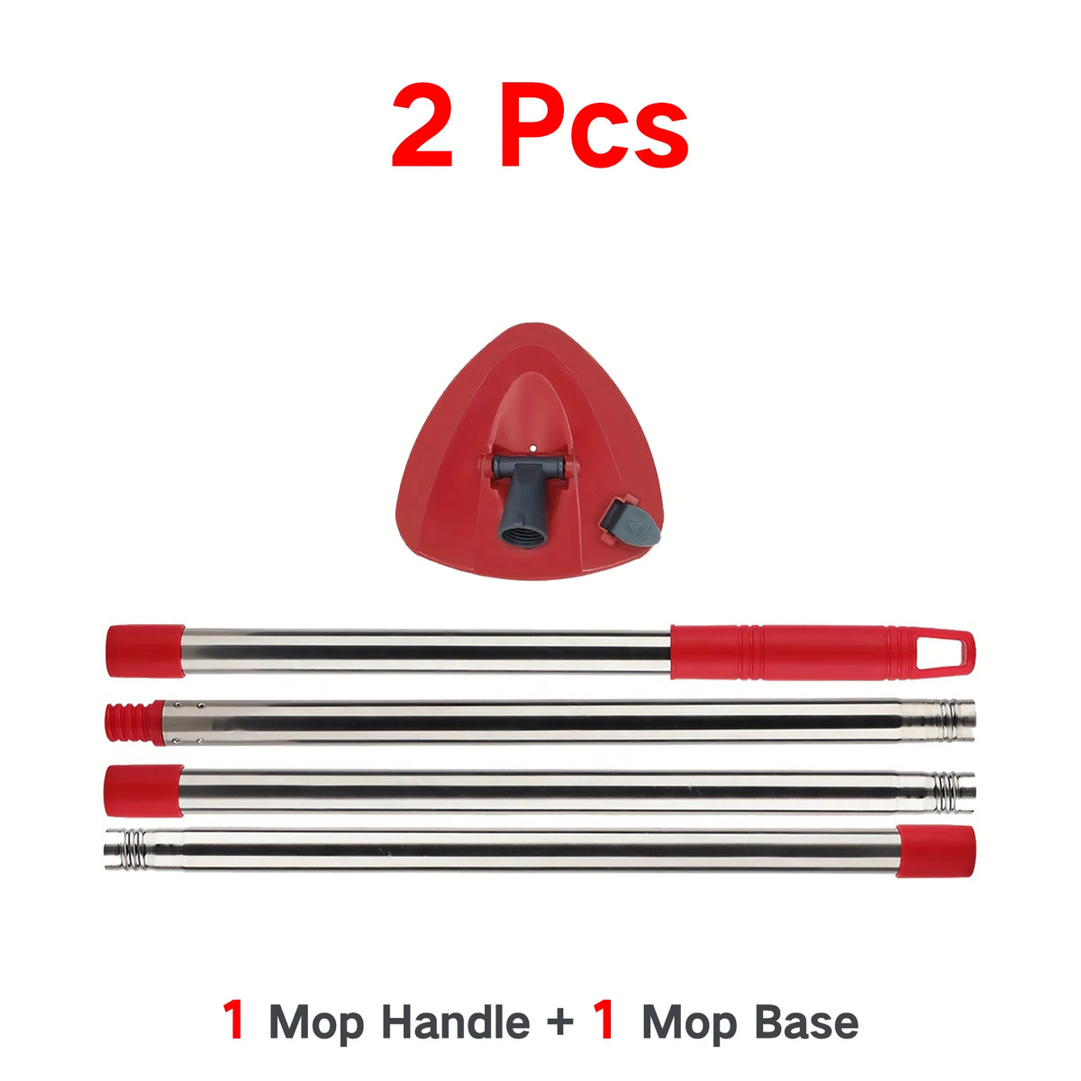 Zwei rote Mikrofaser-Spinmopköpfe und ein W mopstiel mit Basis zum Reinigen.