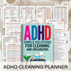A colorful notebook titled ADHD Simple Solutions for Cleaning and Organizing with various cleaning schedules and checklists.