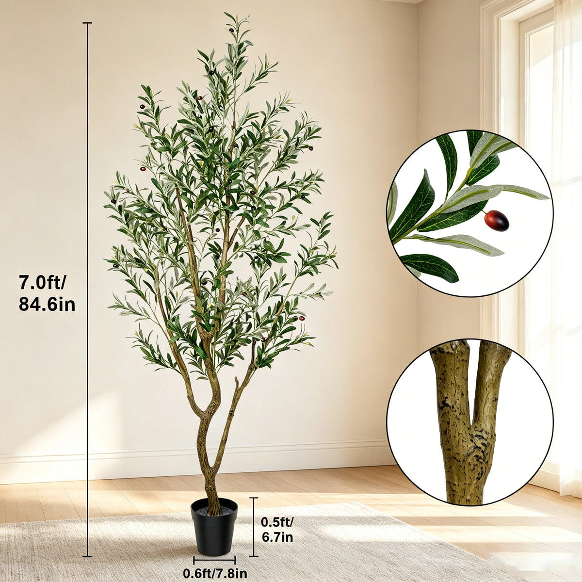 Artificial indoor olive tree in a pot shown next to a window with scale markings.