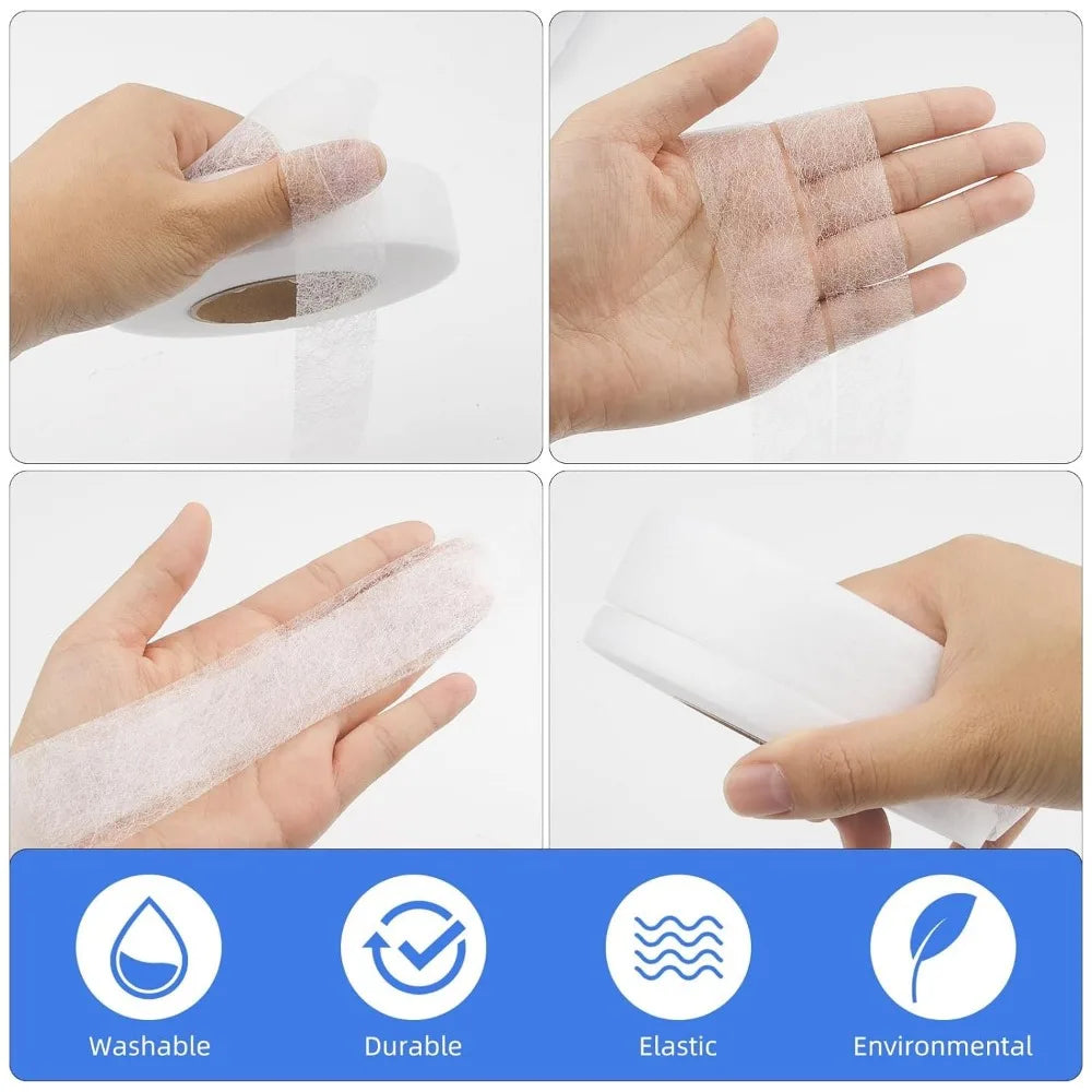 A set of pink double-sided ironing tape rolls shown being applied to a hand and a white roll.