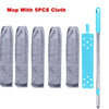 A set of five grey cloth mops with a telescopic handle is shown for cleaning hard-to-reach areas.