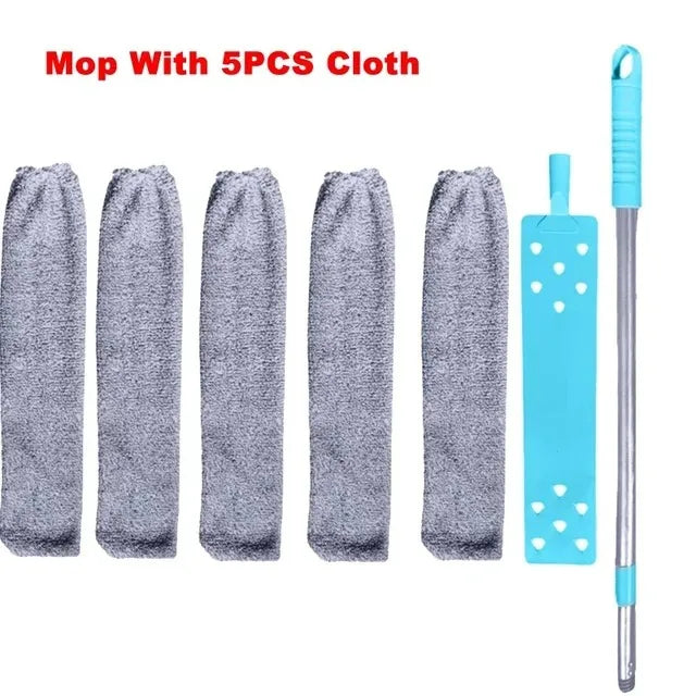 A set of five grey cloth mops with a telescopic handle is shown for cleaning hard-to-reach areas.