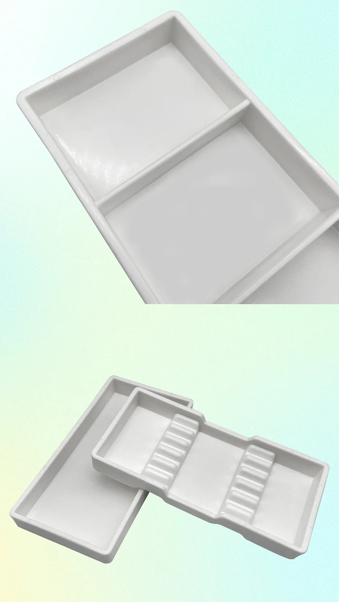 A white dental autoclavable cabinet tray organizer shown in two views, displaying divided compartments for organization.