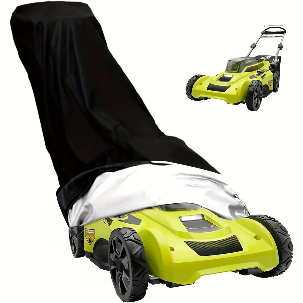 A yellow lawn mower is shown with a black protective cover draped over it.