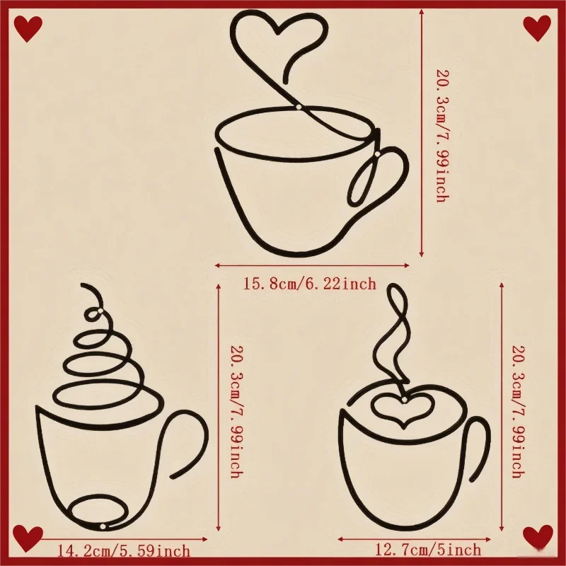 Dibujo de contorno de un juego de decoración de pared para taza de café de hierro nórdico con dos diseños diferentes.