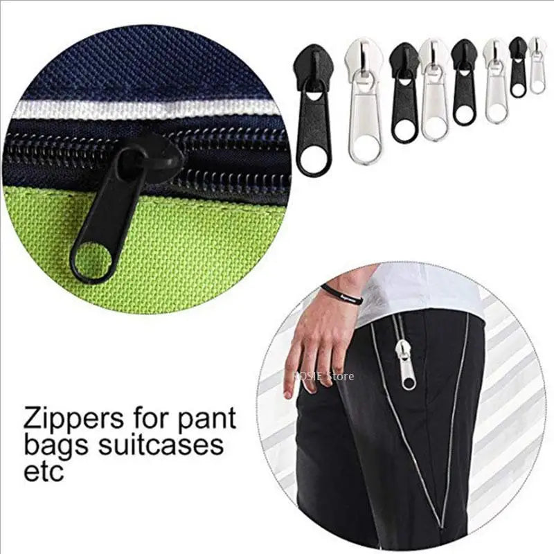A set of metal zippers and sliders for repairing pant bags and suitcases shown next to a piece of fabric.