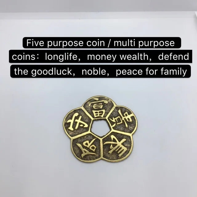 A set of five traditional copper coins featuring Chinese characters for various purposes like longevity, wealth, and peace.