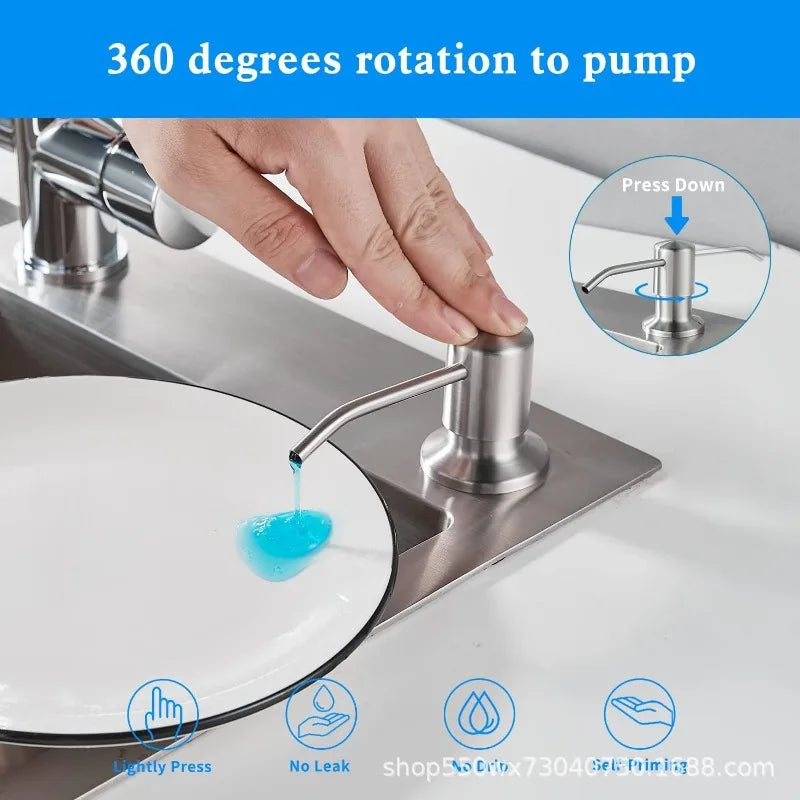 A hand is shown pressing a stainless steel liquid soap dispenser to pump soap onto a plate.