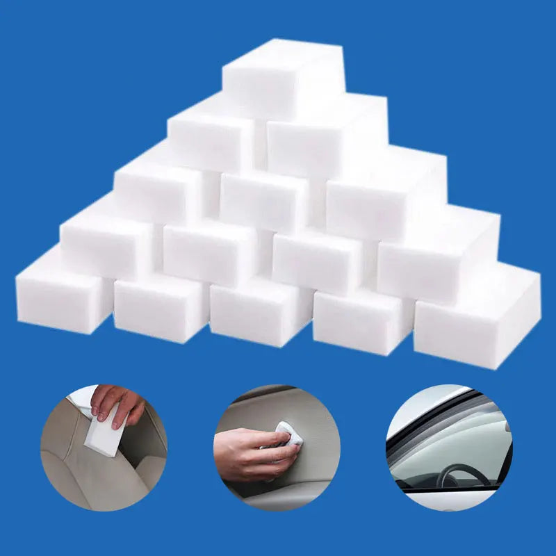 A stack of white melamine cleaning sponges or magic erasers shown next to a car surface and a hand using one.