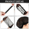Close-up views of disposable black bouffant hair net covers being held and worn on a person's head.