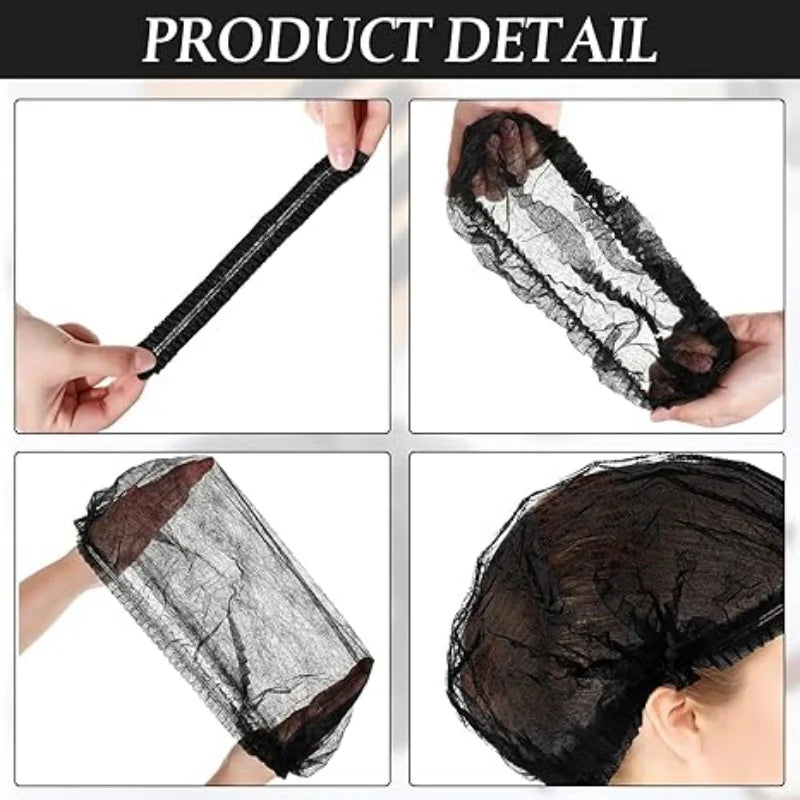 Close-up views of disposable black bouffant hair net covers being held and worn on a person's head.