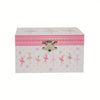 Caja rosa para una caja de música de ballet clásico con decoraciones de espejo y un broche decorativo.