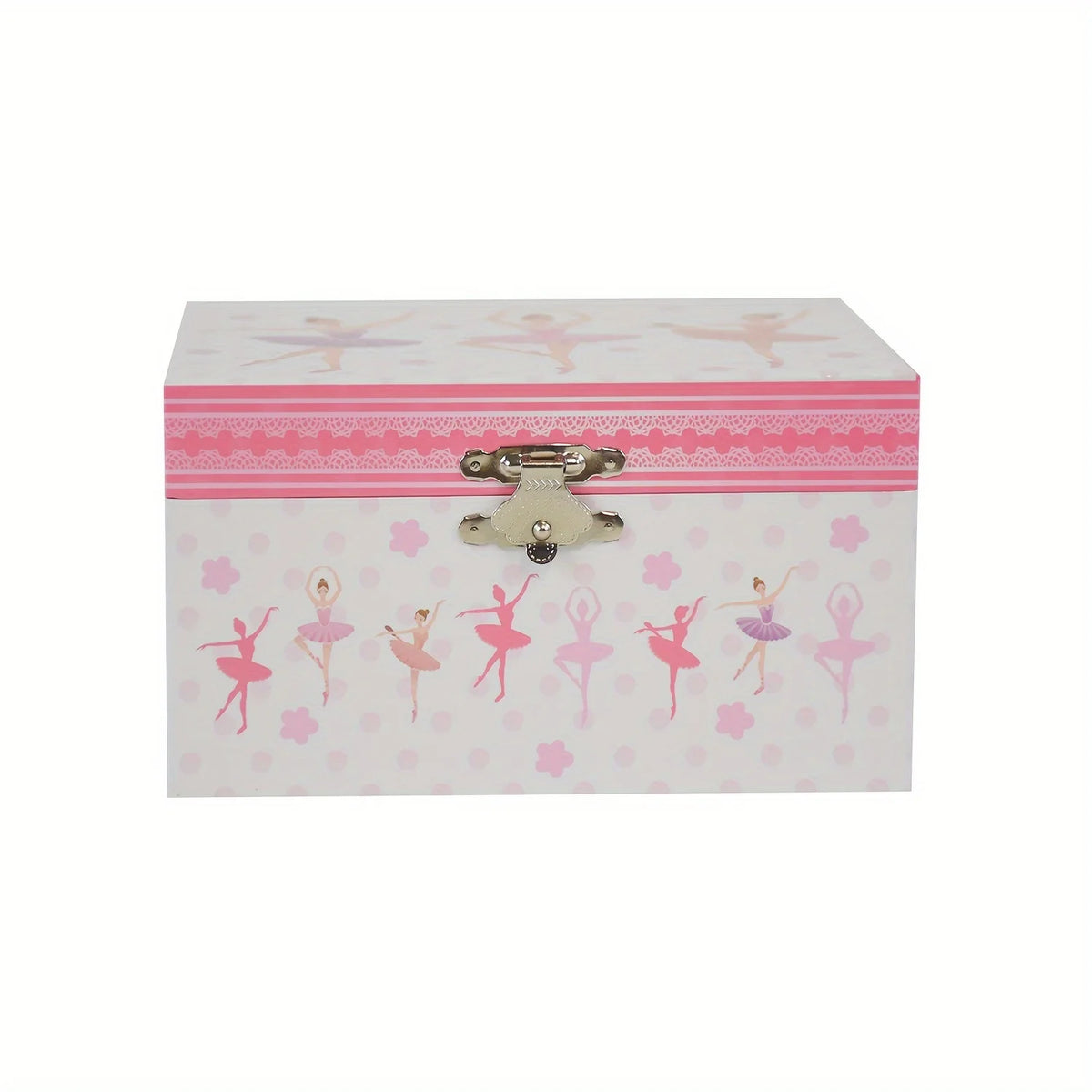 Caja rosa para una caja de música de ballet clásico con decoraciones de espejo y un broche decorativo.