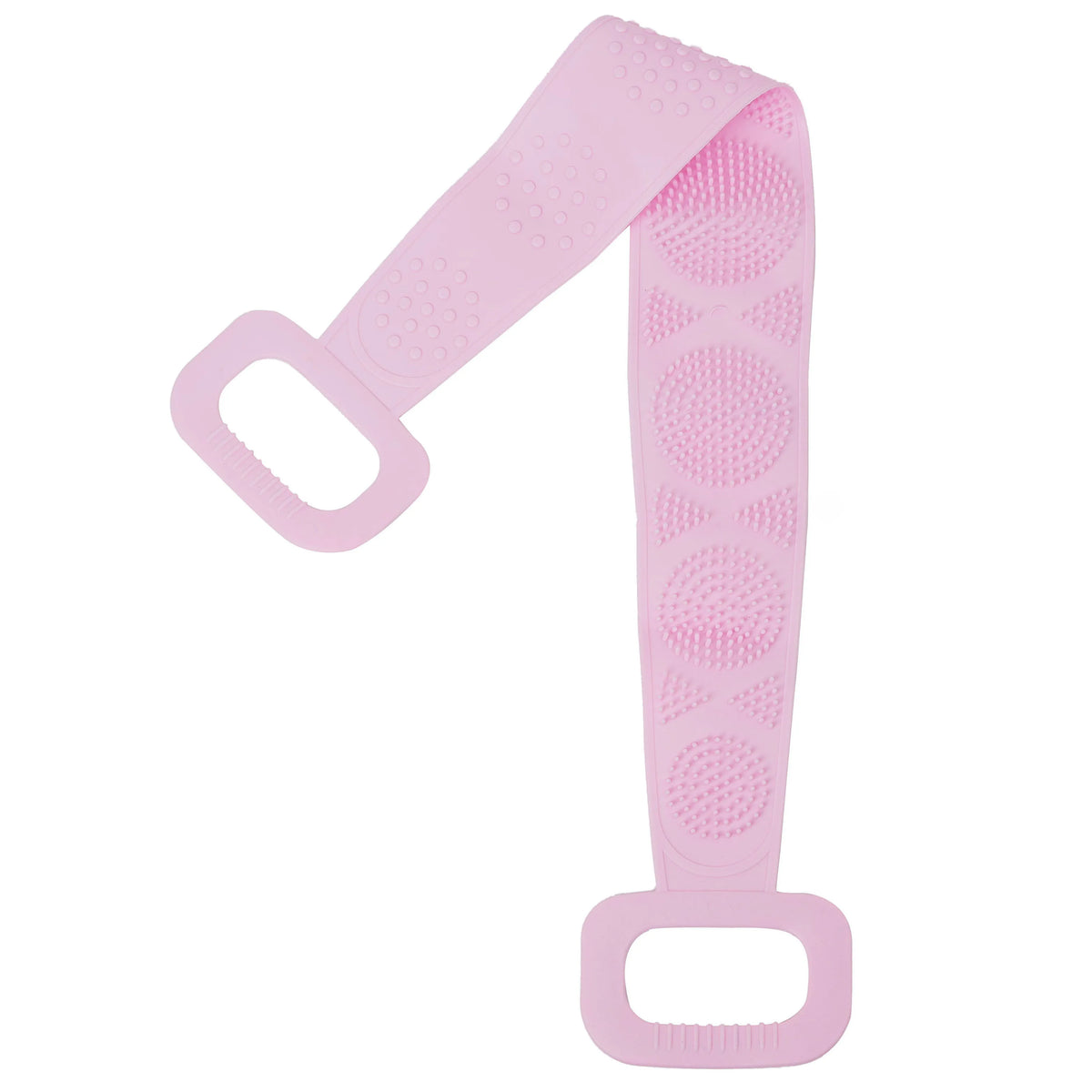 A pink long-handle silicone body scrubber with a detachable loofah.