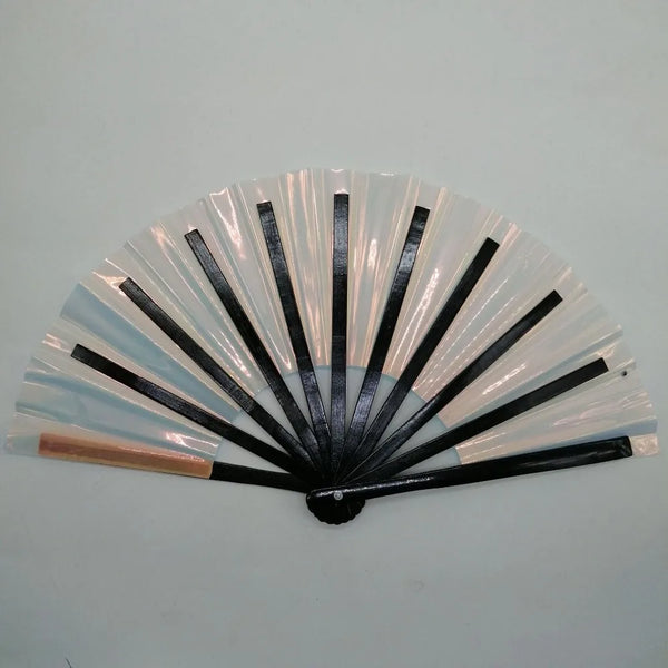 A hand fan displaying a gradient of laser colors, featuring black and translucent shades radiating from the center.