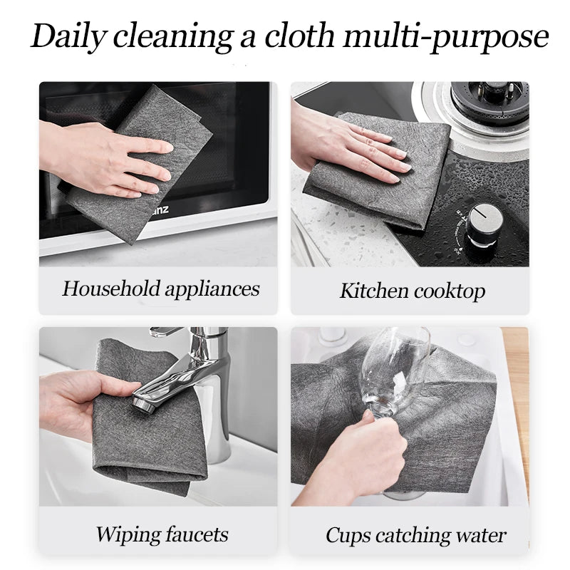 Four images showing multi-purpose cleaning cloths used for household appliances, kitchen cooktops, wiping faucets, and catchi