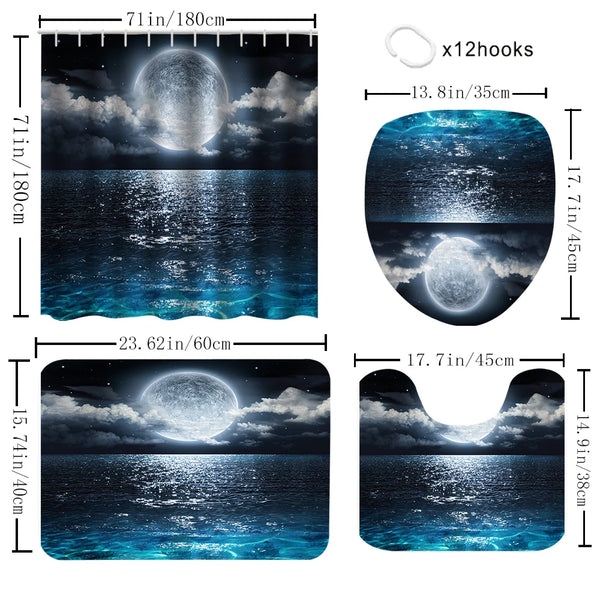 Un juego de cortinas de ducha de superficie marina con una escena oceánica iluminada por la luna en varios tamaños y formatos