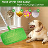 A green reusable pet hair grooming mitt is shown next to a golden retriever dog.