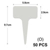 A gray T-shaped plant marker with dimensions 5.8cm wide and 9.7cm long, sold in a pack of 50 pieces.