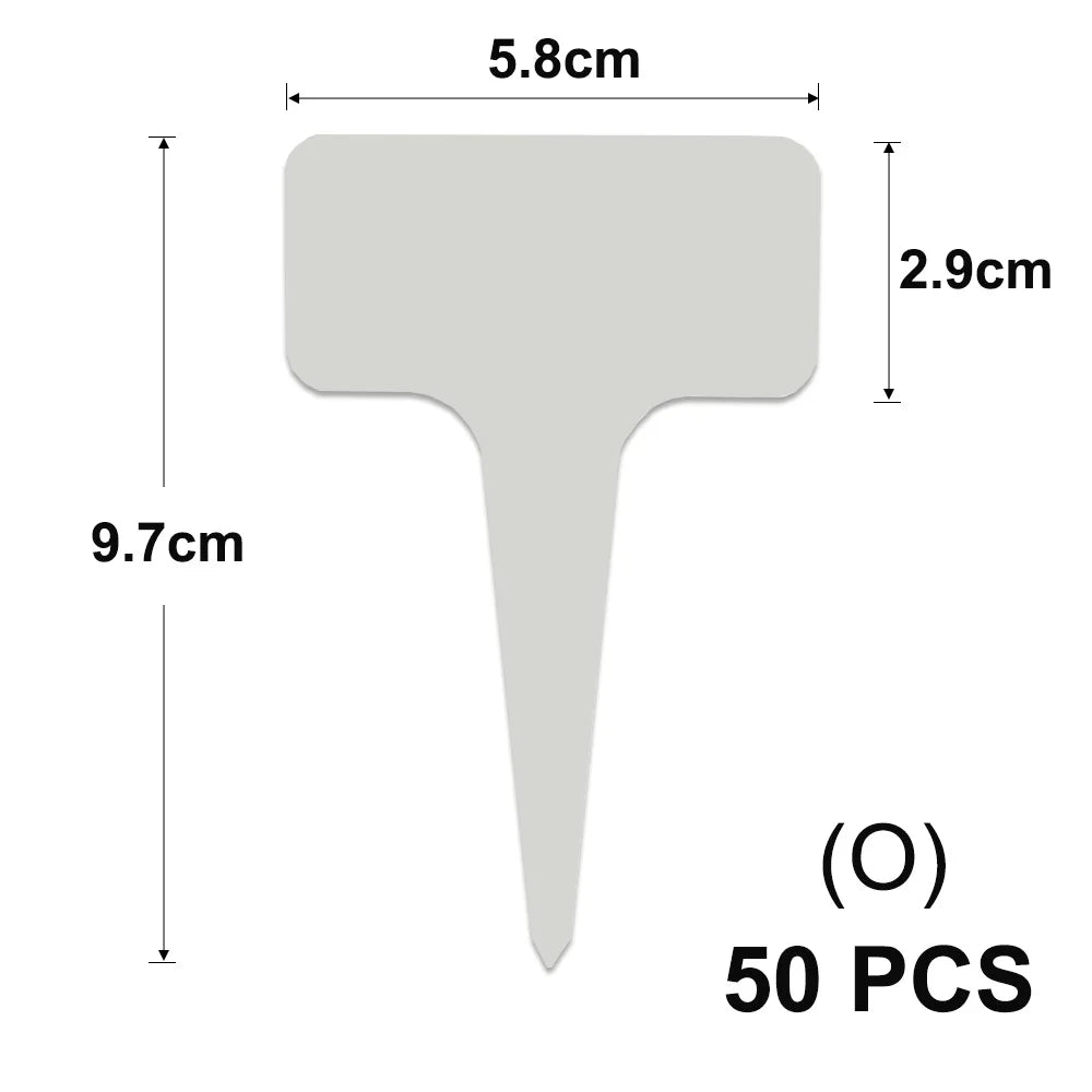 A gray T-shaped plant marker with dimensions 5.8cm wide and 9.7cm long, sold in a pack of 50 pieces.