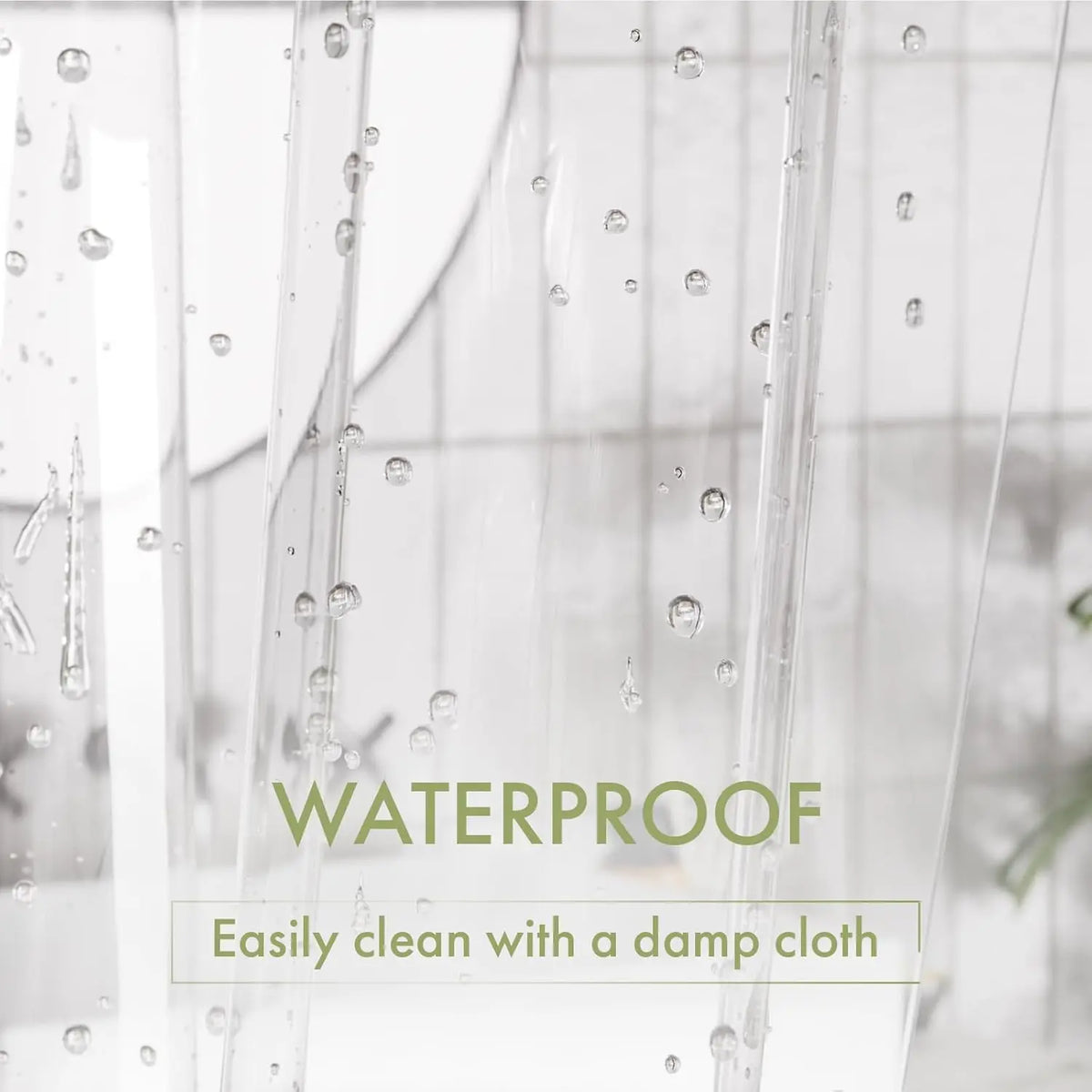 Close-up of a clear shower curtain with water droplets on the surface, demonstrating its waterproof quality.