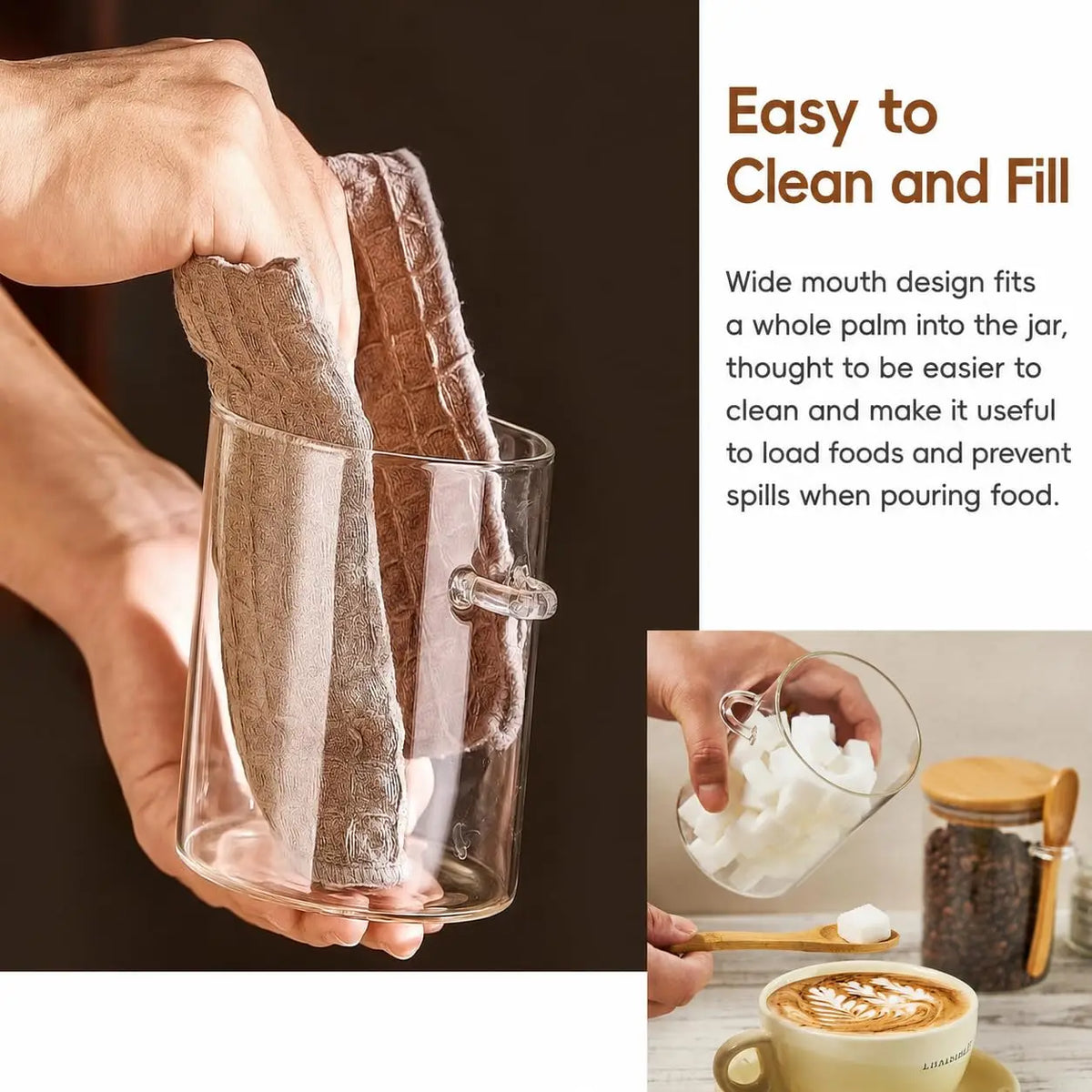 A hand holds an airtight glass spice jar with a bamboo lid, demonstrating its easy to clean and fill design.