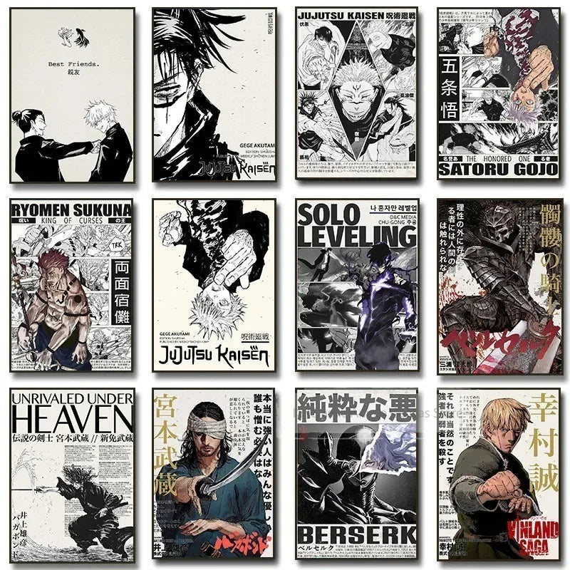A collection of vibrant anime art posters featuring characters and scenes from various series.