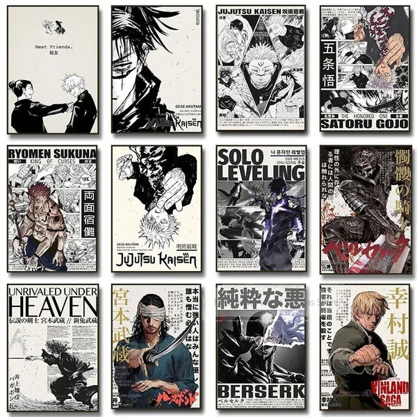 A collection of vibrant anime art posters featuring characters and scenes from various series.