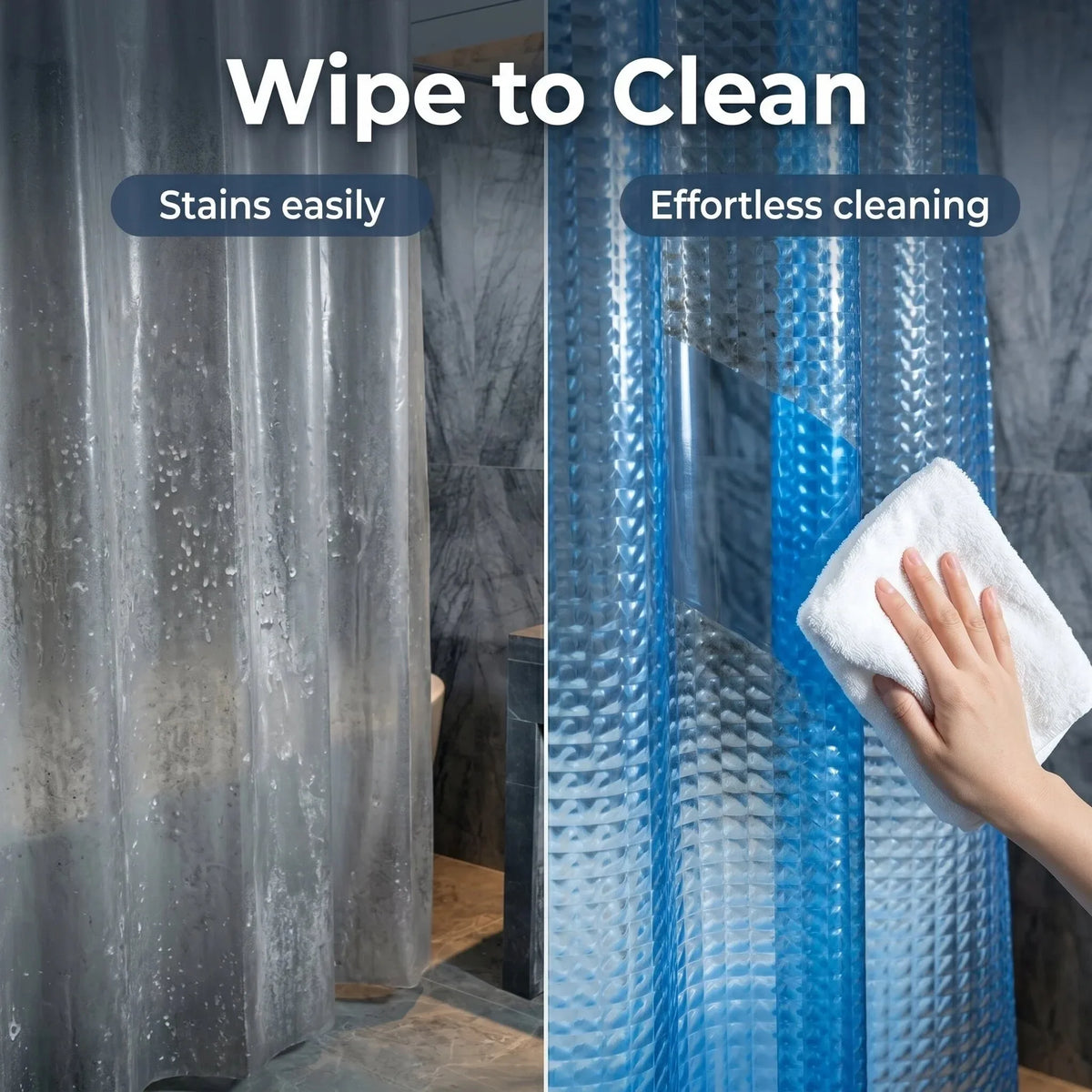 A hand wipes a blue 3D crystal texture waterproof shower curtain liner to clean it.