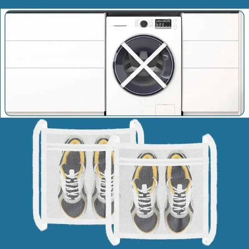 Reusable white mesh laundry bags designed to store and protect shoes