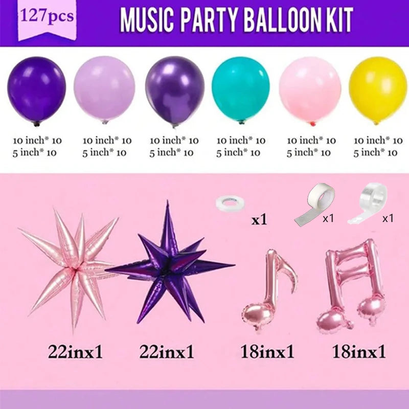 Ein Set von 127 Ballons in Lila, Pink, Türkis und Gelb für eine Musikparty-Kits.