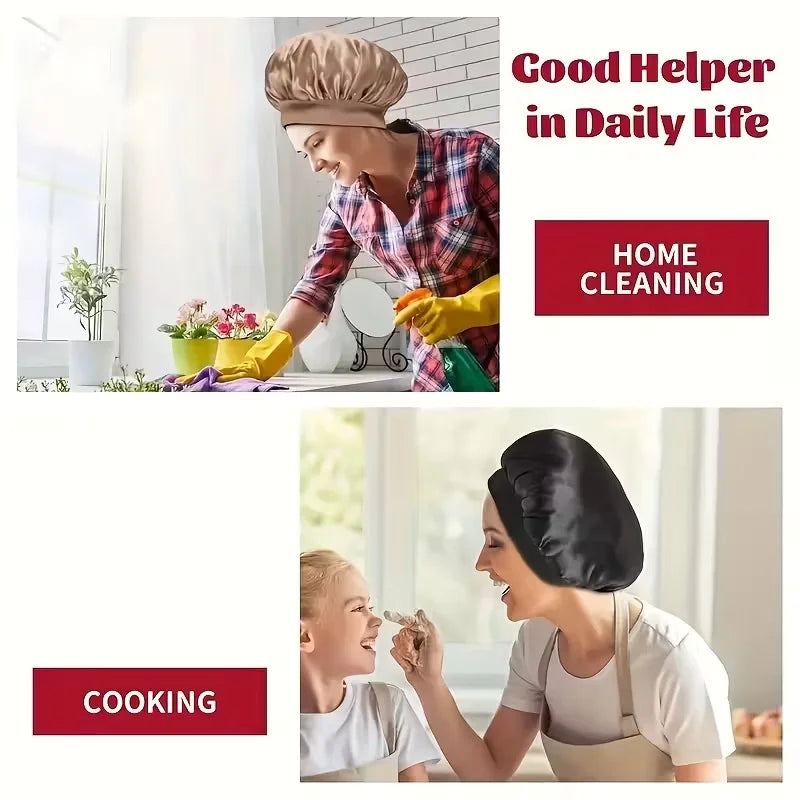 Una mujer usando un gorro de satén para el cabello en el contexto de limpieza y cocina doméstica.