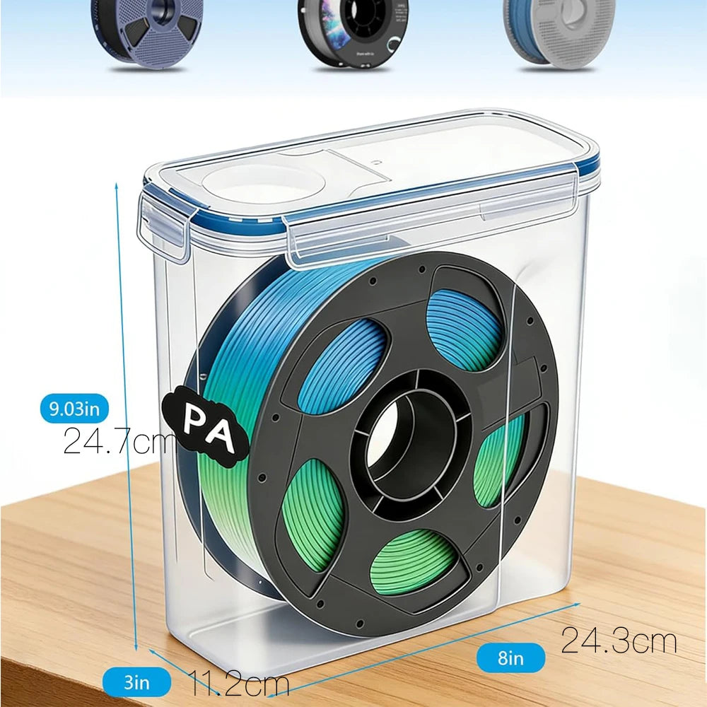 Clear airtight storage box for filament spools with a black lid and silicone seals.