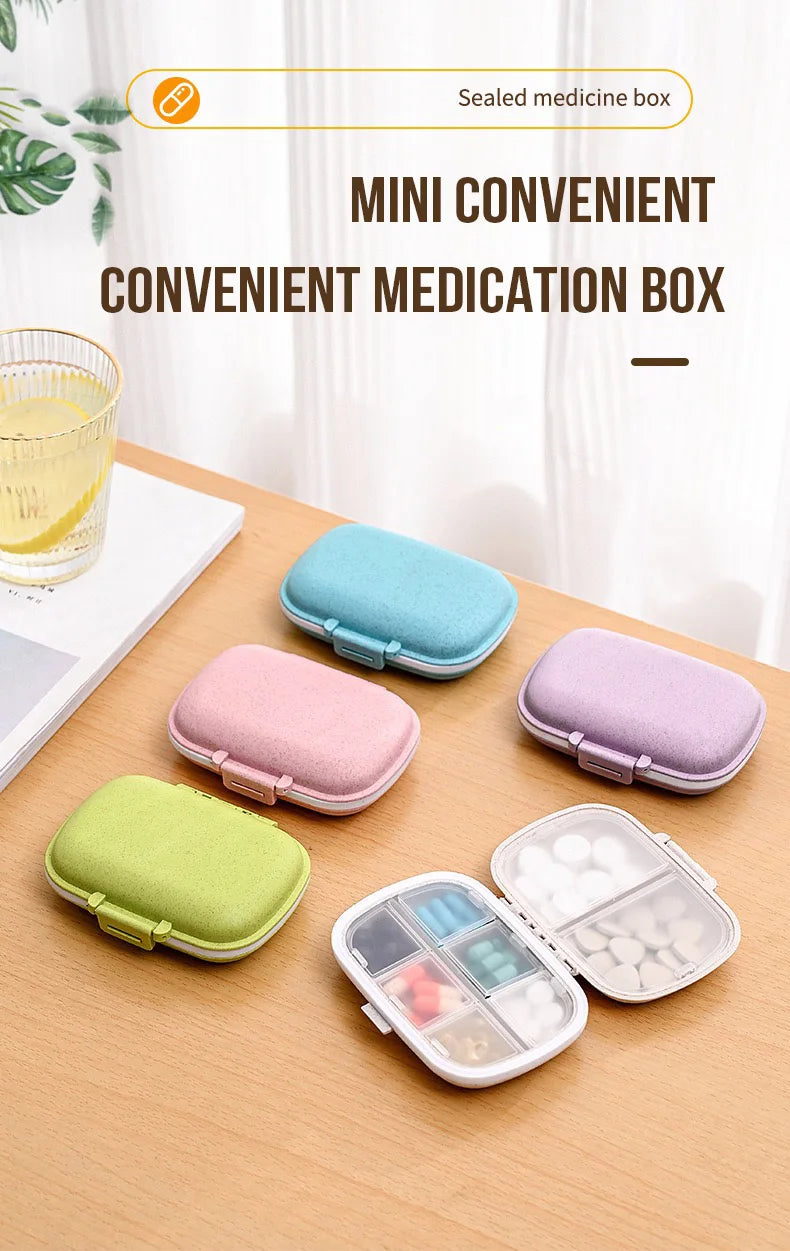 A collection of mini convenient medication boxes in various pastel colors and a clear 8-grid portable pill organizer are disp