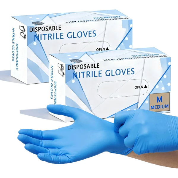 A hand wearing blue disposable nitrile gloves is shown next to a box of disposable nitrile gloves.