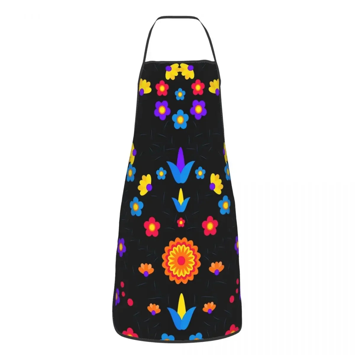 Schwarze Schürze mit buntem Blumenmuster in Blau, Gelb und Rot.