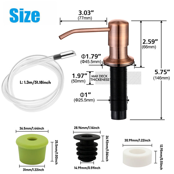 Stainless steel liquid soap dispenser featuring a brass-colored pump and clear silicone extension tube.