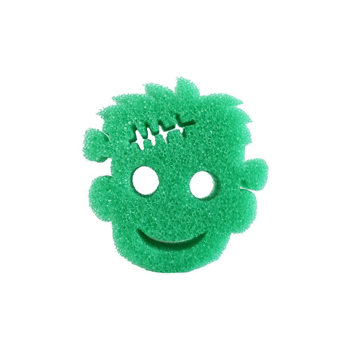 A bright green, textured sponge shaped like a smiling face with lightning bolt details.