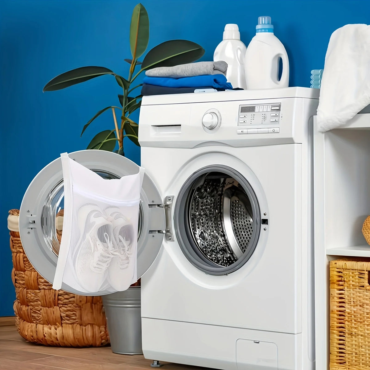 A white washing machine is shown with a silver mesh bag for shoe washing placed next to it against a blue wall.